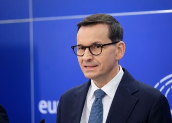BRUSSELS, BELGIUM - APRIL 16: Former Polish Prime Minister from the  right-wing populist and national-conservative political party Law and Justice (Prawo i Sprawiedliwo PiS) Mateusz Jakub Morawiecki talks to the media in the European Parliament on April 16, 2024 in Brussels, Belgium. He is in Brussels for the National Conservatism Conference (NatCon) that will take place Today and tomorrow.  (Photo by Thierry Monasse/Getty Images)